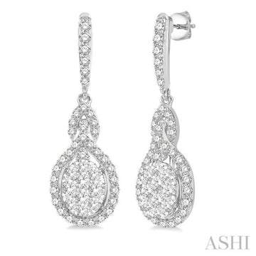 1 1/4 Ctw Oval Shape Dangling Lovebright Round Cut Diamond Earring in 14K White Gold